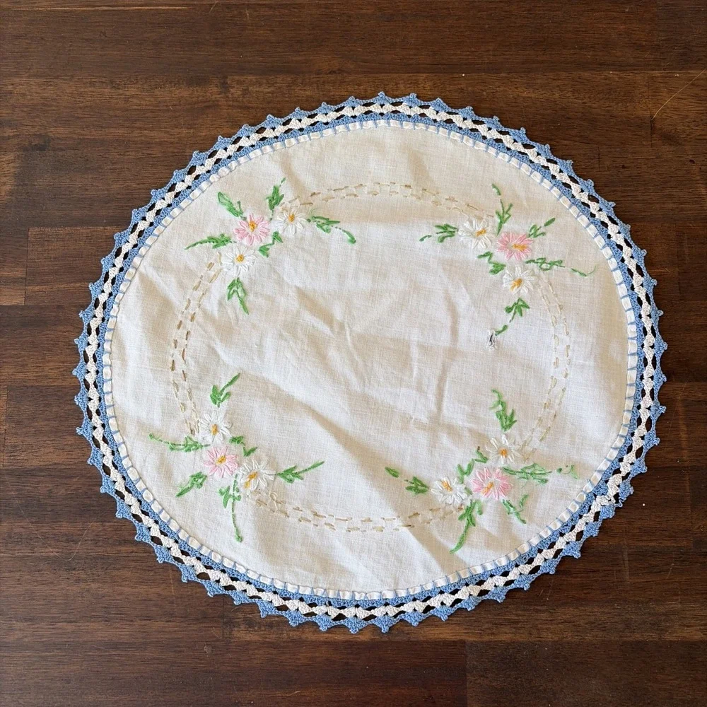Vintage Floral Hand Embroidered Dollies (2) & Runner Floral Cottagecore Grandma